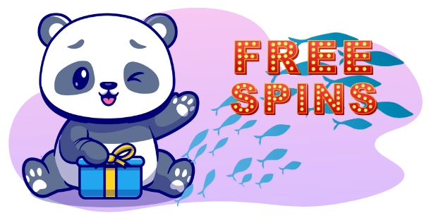 A winking cartoon panda sits with a gift box next to a "FREE SPINS" message and a trail of fish.