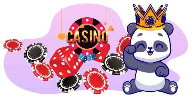 A panda cartoon character wearing a crown sits among casino chips and dice, with the word "CASINO" in the background.