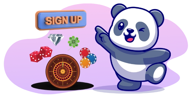 A happy panda cartoon character points towards a roulette wheel, surrounded by dice, chips, a diamond, and a four-leaf clover, with a "SIGN UP" button nearby.