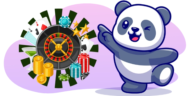 A happy panda cartoon character points towards a roulette wheel, surrounded by playing cards, chips, and a cocktail.