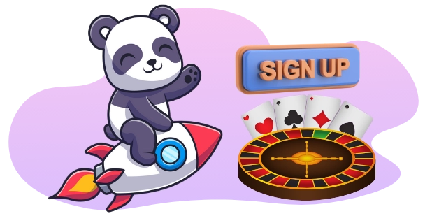 A cute panda cartoon character is riding a rocket towards a roulette wheel and playing cards, with a "SIGN UP" button nearby.