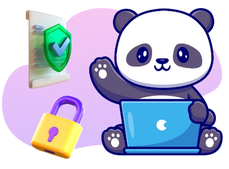 Playful panda promoting online security, with a document, a shield, and a padlock.