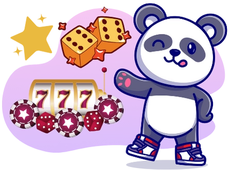 A cartoon panda winks and points towards a slot machine with 