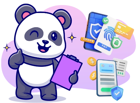 A happy panda cartoon character holding a clipboard and giving a thumbs-up, with secure payment symbols like a smartphone with a fingerprint lock, a shield, and a checkmark.