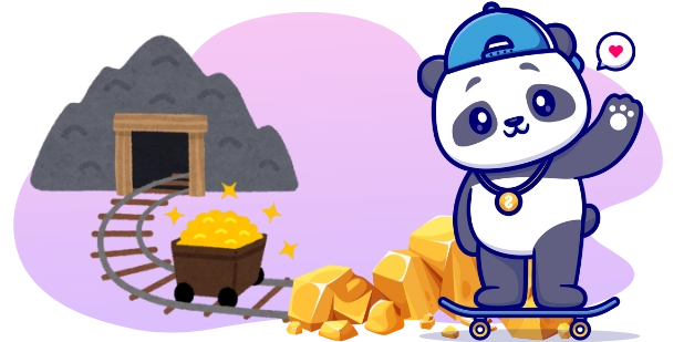 A cartoon panda wearing a cap and a gold chain waves while skateboarding toward a mine with a train cart full of gold.