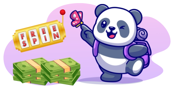 A cartoon panda with a backpack winks and holds a butterfly, next to a slot machine displaying "Free Spin" and stacks of cash.