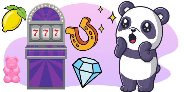 A cartoon panda looks surprised with wide eyes, next to a slot machine displaying "777", a horseshoe, a lemon, a gummy bear, and a diamond, suggesting a lucky win with exciting prizes.