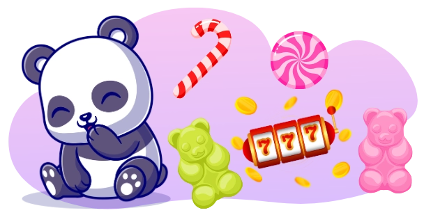 A cute cartoon panda sits amidst a sweet scene with candy canes, lollipops, gummy bears, and a slot machine displaying "777" with coins spilling out.