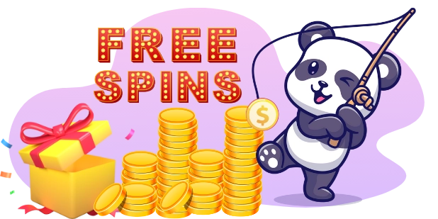 A cute panda cartoon character is fishing with a rod and reel, standing next to a pile of coins and a gift box with confetti. The text "FREE SPINS" is displayed above.