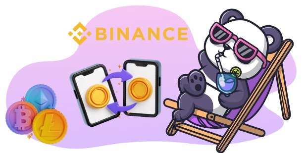 A cool panda cartoon character with sunglasses relaxes on a beach chair with a drink, while two phones show a cryptocurrency exchange, with the Binance logo visible and various coins scattered around.