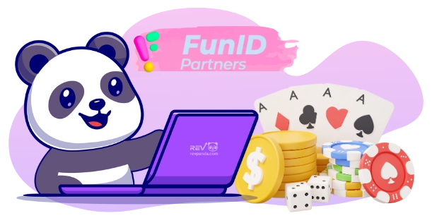 A happy panda cartoon character sits at a laptop with the text "FunID Partners" displayed. There are playing cards, coins, and dice nearby.