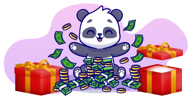 A happy panda cartoon character sits on a pile of coins and money, surrounded by more coins and gift boxes.