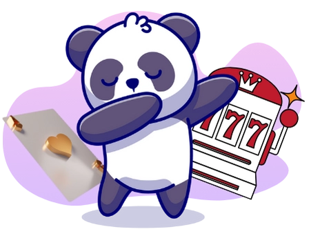 A cute panda dabbing next to a slot machine showing 777, with playing cards and a heart, suggesting a focus on fun