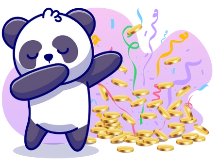 A cartoon panda strikes the dab pose surrounded by a shower of coins and confetti, celebrating a big win.