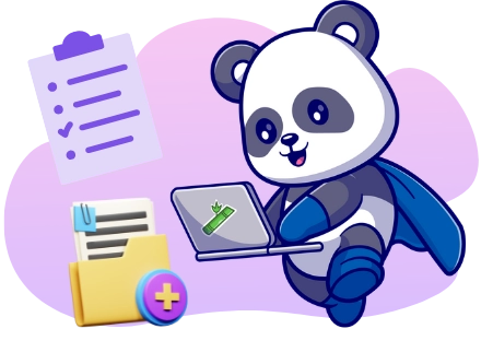 A superhero panda cartoon character uses a laptop, with a checklist, a folder with a plus sign, and a document in the background.