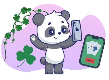 A cute panda cartoon character holds a phone, surrounded by four-leaf clovers, suggesting good luck while playing casino games on a mobile device.