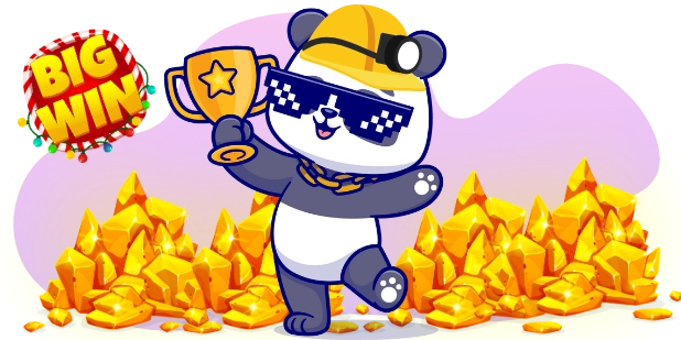 A cartoon panda wearing a miner's helmet, sunglasses, and a gold chain holds a trophy in front of a pile of gold nuggets, with the words "BIG WIN" displayed.