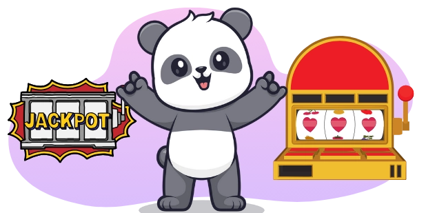 A cartoon panda stands excitedly between two slot machines, one labeled "JACKPOT," suggesting a big win and a thrilling gaming experience.