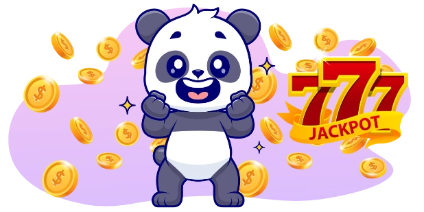 A cartoon panda celebrates with arms raised, surrounded by falling coins and a "777 Jackpot" sign, suggesting a big win and a thrilling casino experience.