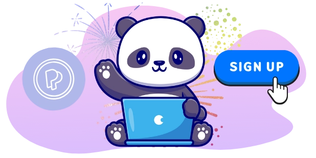 A cute panda cartoon character waves while using a laptop with a crescent moon symbol on the screen, surrounded by fireworks. A blue "SIGN UP" button with a cursor is in the corner.