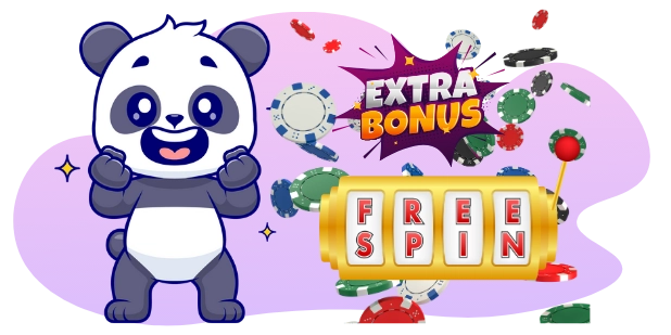 A happy panda cartoon character celebrates with a slot machine showing "FREE SPIN" and an "EXTRA BONUS" sign.