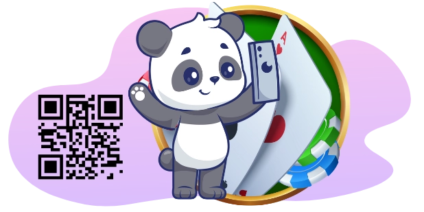 A cute panda cartoon character holds a phone and waves, with a QR code and playing cards in the background.