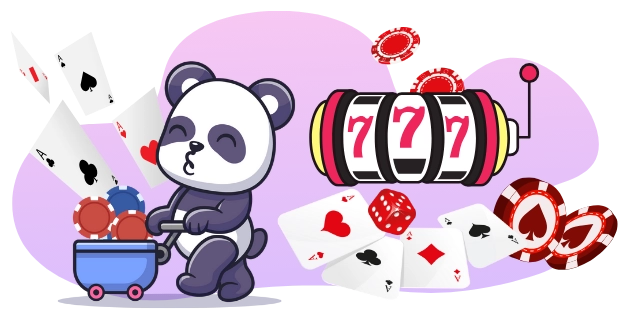 A cute panda cartoon character pushes a cart full of coins, with a slot machine showing three sevens, playing cards, and dice scattered around.