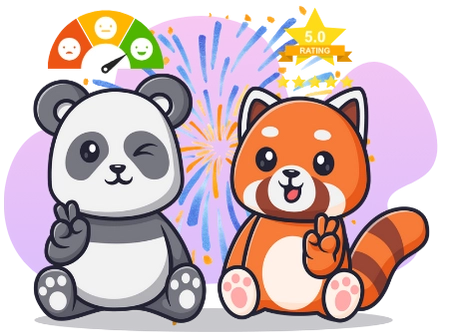 A cute panda and red panda celebrating with fireworks, with a 5.0 star rating and an emotion scale, suggesting a focus on