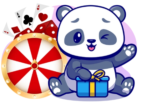 A cartoon panda sits with a gift box and winks, next to a spinning wheel of fortune, playing cards, and dice, suggesting exciting casino games and potential rewards.