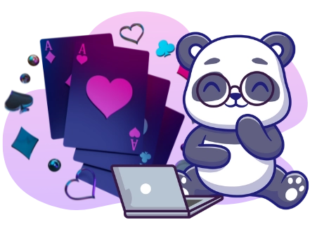 A panda cartoon character with glasses sits in front of a laptop, surrounded by playing cards.