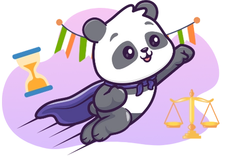 A superhero panda cartoon character flies through the air with an hourglass and a scale of justice in the background, and Irish flags hanging above.