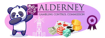 A cartoon panda doing the "dab" dance, with the text "Alderney Gambling Control Commission" and symbols of gambling like playing cards, dice, and coins.