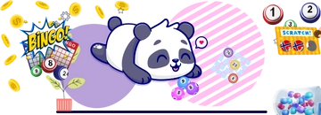 Happy lying panda surrounded by colourful lottery balls, bingo and scratch cards and shiny coins.