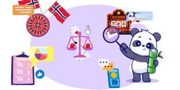 Panda holding a bamboo and magnifier beside roulette with Norway flags, slot machine, cards, dice.