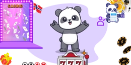 Panda surrounded by casino gate and chips, slots and T&C sheet and Norway flag.