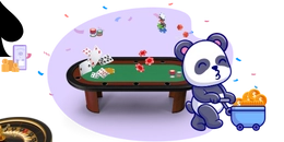 Panda driving a cart full of coins, a casino table with cards, and chips.