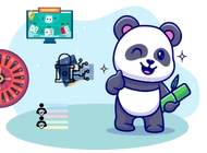 Blinking panda beside a red roulette, computer screen with cards and safely locked icon.