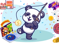 Panda fishing with coin with vibrant casino games icons and cards, bonus and welcome banners.