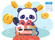 Panda behind bonus boxes, chips with shiny coins and T&C sheet in the background.