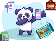 Panda holding a mobile and bank cards, beside slot machine, dices, mobile payment screen.