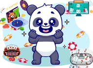 Excited panda surrounded by vibrant casino game icons and casino chips in the background.