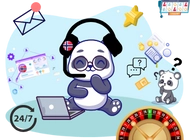 Customer service panda behind a computer, with question marks, 24/7 and email icon around.