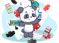 Panda surrounded by mobiles displaying colourful gamble game screens, cards raining in the background.