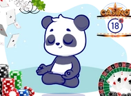 Panda in lotus position, surrounded by vibrant casino chips, cards, roulette, clover and +18 icon.