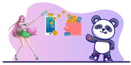 Cartoon panda with wallets and a princess