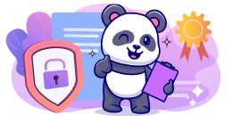 A friendly panda with a clipboard, giving a thumbs up for EU Casinos in front of a shield with a lock.