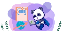 A cartoon panda wearing a superhero cape uses a laptop with a rising graph icon on the screen, symbolizing online growth and success.