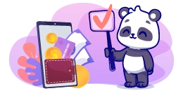 A cartoon panda holding a sign with a checkmark as an approval for EU Casinos, standing next to a smartphone with a wallet, coins, and credit cards.