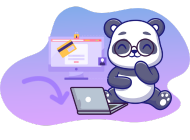 A cartoon panda wearing glasses smiles while working on a laptop, with a desktop computer showing a secure online payment page in the background.