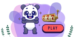 A cartoon panda with its arms raised in excitement stands next to a slot machine showing three 7s. A "PLAY" button is below the slot machine.